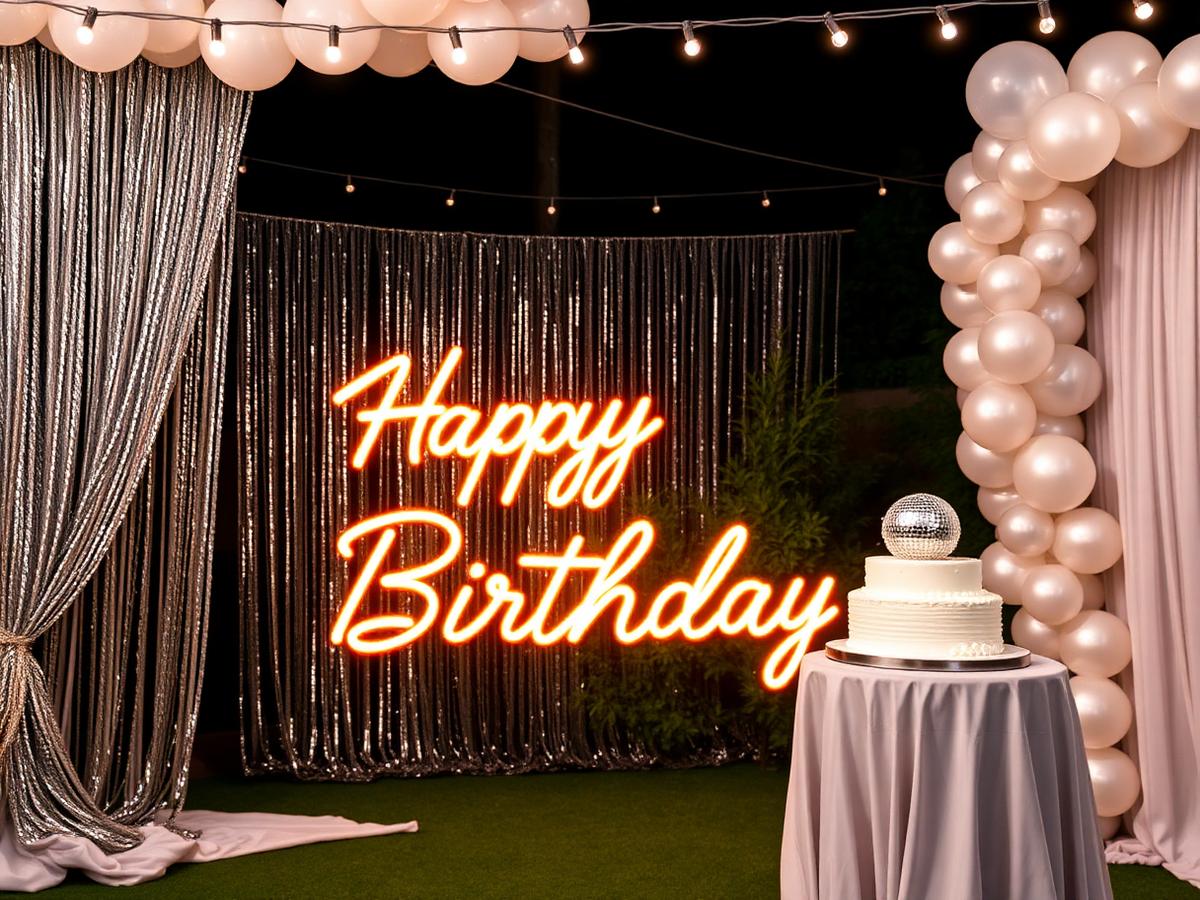 Silver sequin backdrop, chrome balloon arch and neon happy birthday sign at an adult birthday party in Dubai