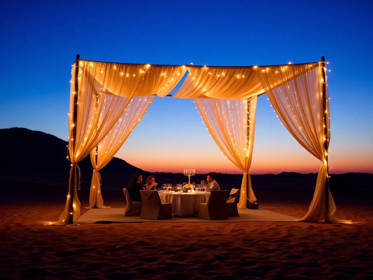 Private desert birthday dinner with fairy-light draped cabana at sunset in the UAE