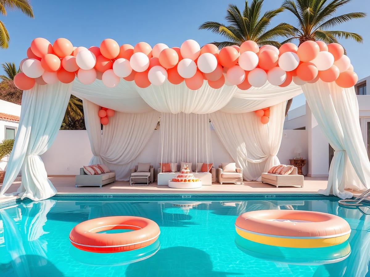 Poolside birthday party with coral balloon garland and draped cabana at a villa in Dubai