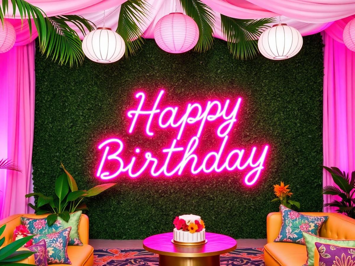 Tropical themed birthday celebration with greenery wall, pink neon sign and paper lanterns in the UAE