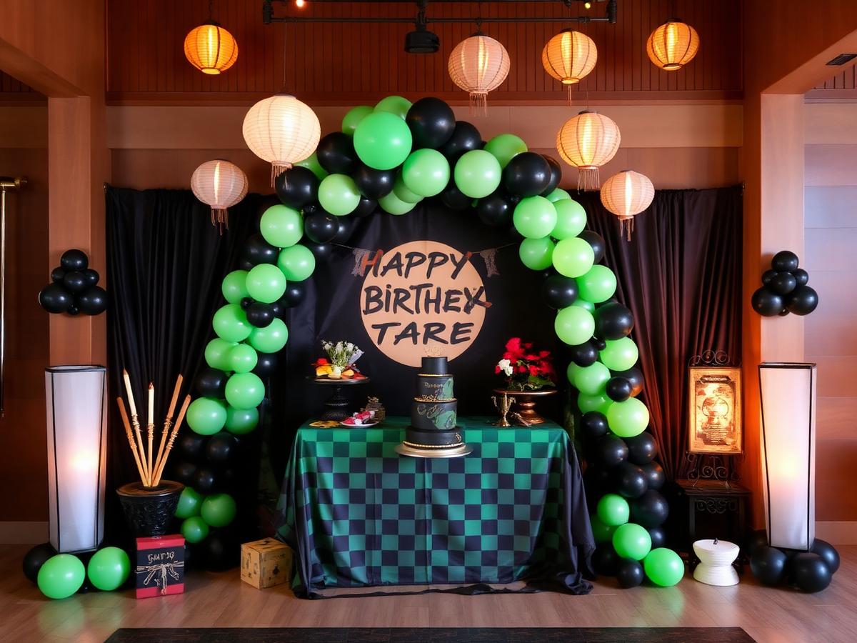 Anime Warrior Adventure themed kids' birthday party with green and black balloon arch and checkered cake table