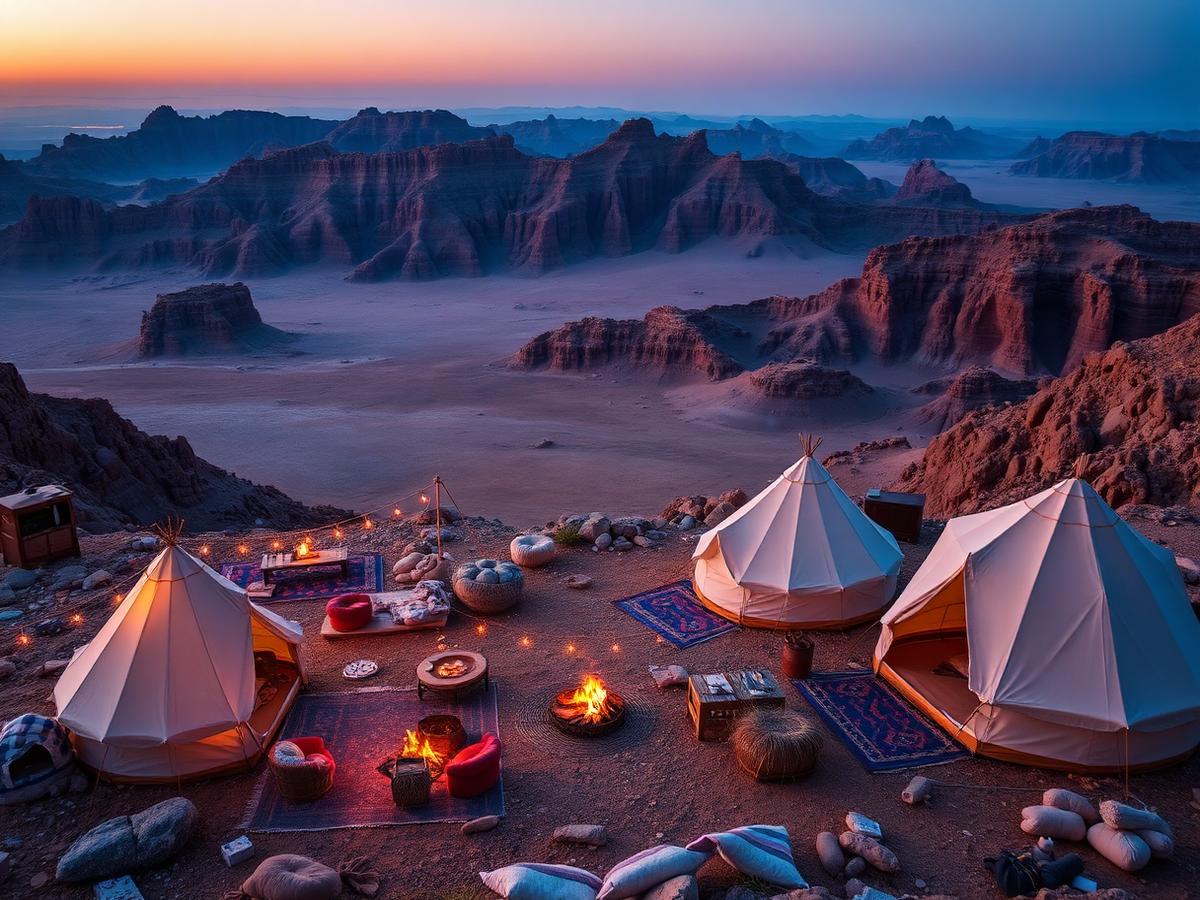 Mountain camping arrangement with tents and fire pit near Jebel Hafeet, Al Ain UAE