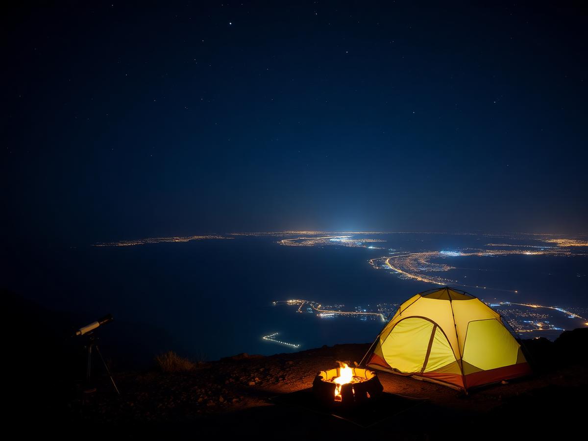 Night camping with stargazing telescope over city lights at Jebel Hafeet UAE