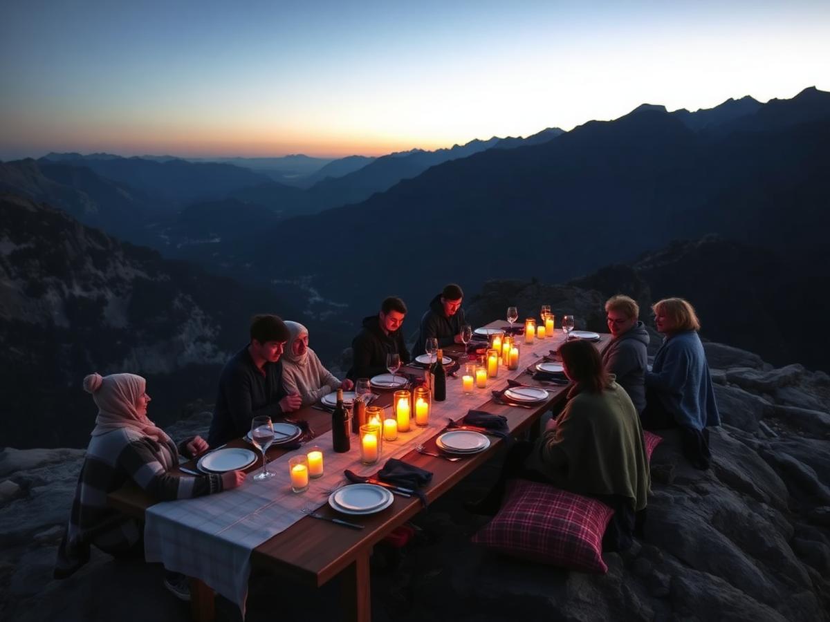 Mountain-top camp dinner table at dusk at Jebel Jais, RAK UAE