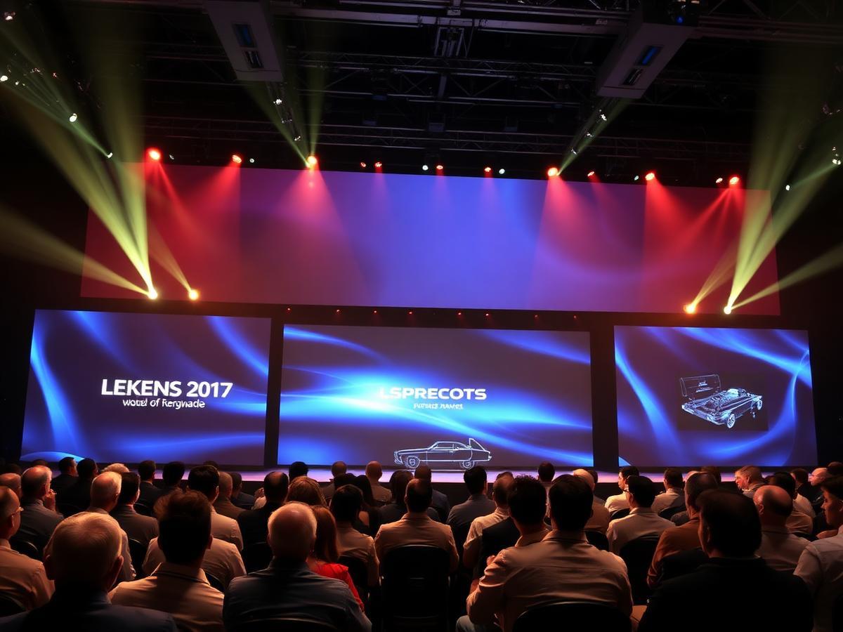 Corporate product launch stage with large LED screen and seated audience in Dubai