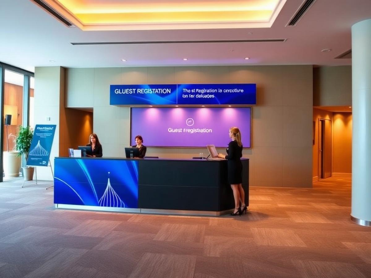 Branded guest registration desk with hostesses at a corporate event in Abu Dhabi