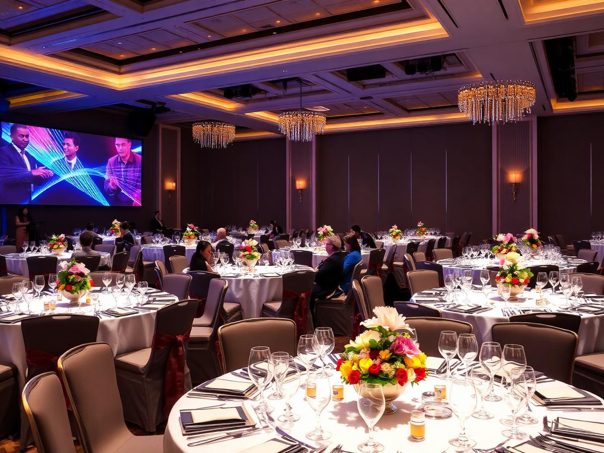 Company gala dinner with banquet tables and uplighting in the UAE