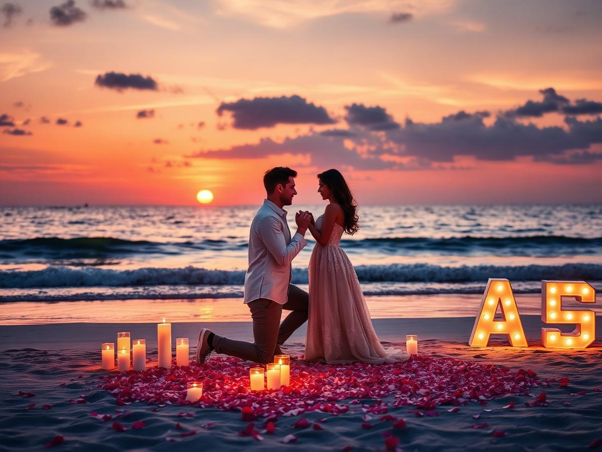 Beach proposal setup at sunset with candles and rose petals in the UAE