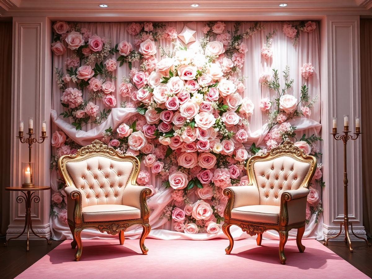 Engagement stage with blush floral backdrop and ornate chairs in Dubai