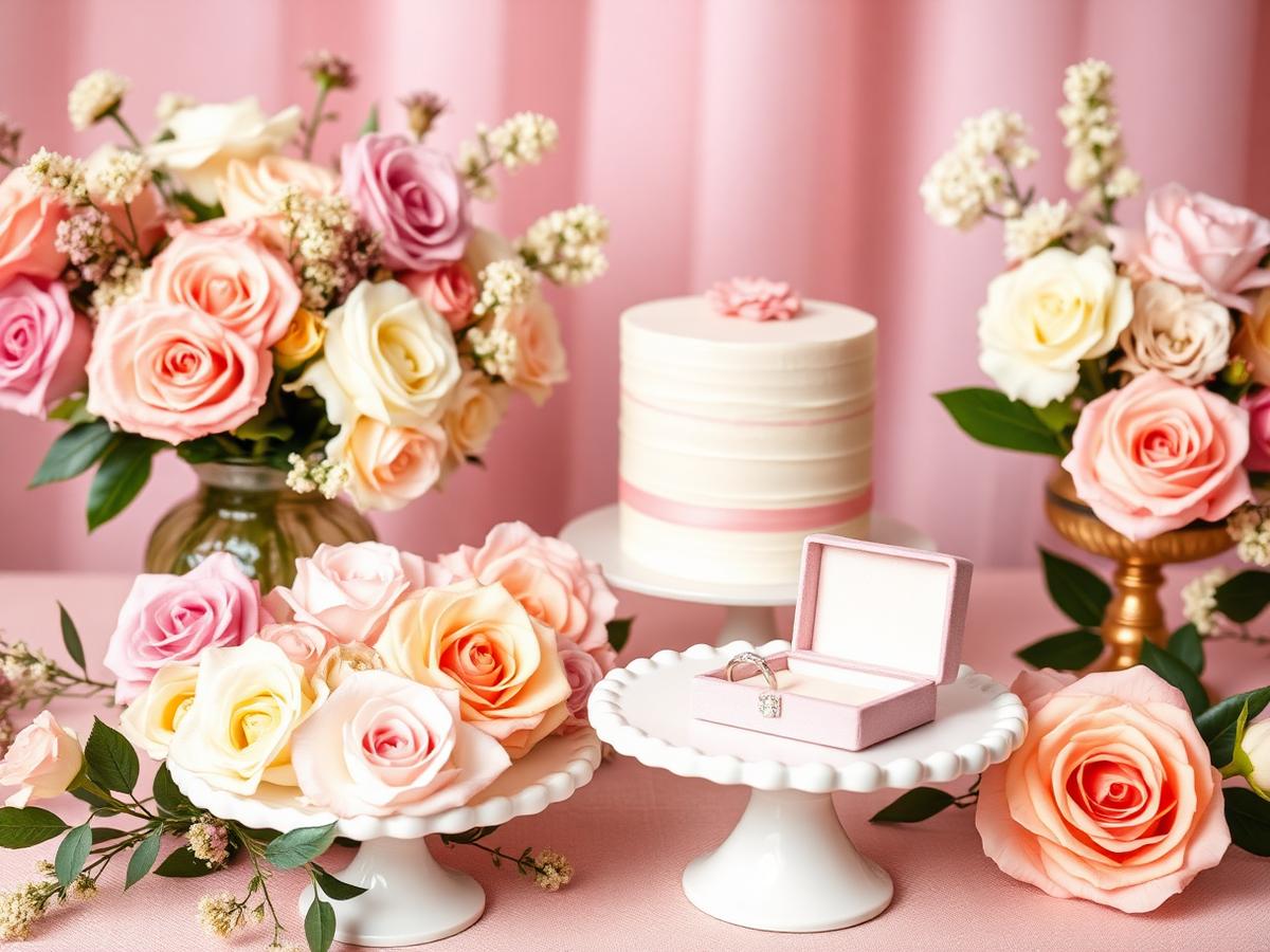 Engagement dessert table with pastel florals, cake and ring box in the UAE