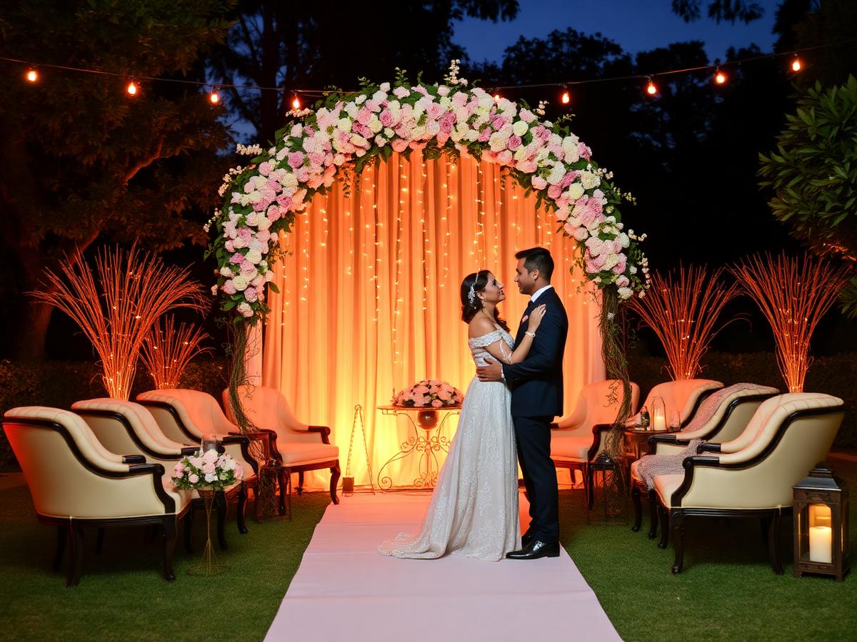 Engagement party floral arch with warm fairy lights and elegant seating in the UAE