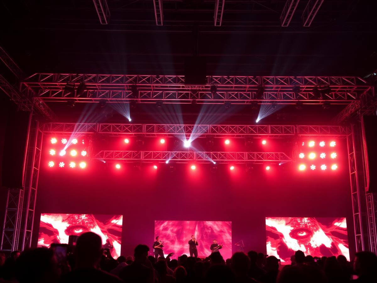 Stage lighting rig and screens during a live event production in the UAE