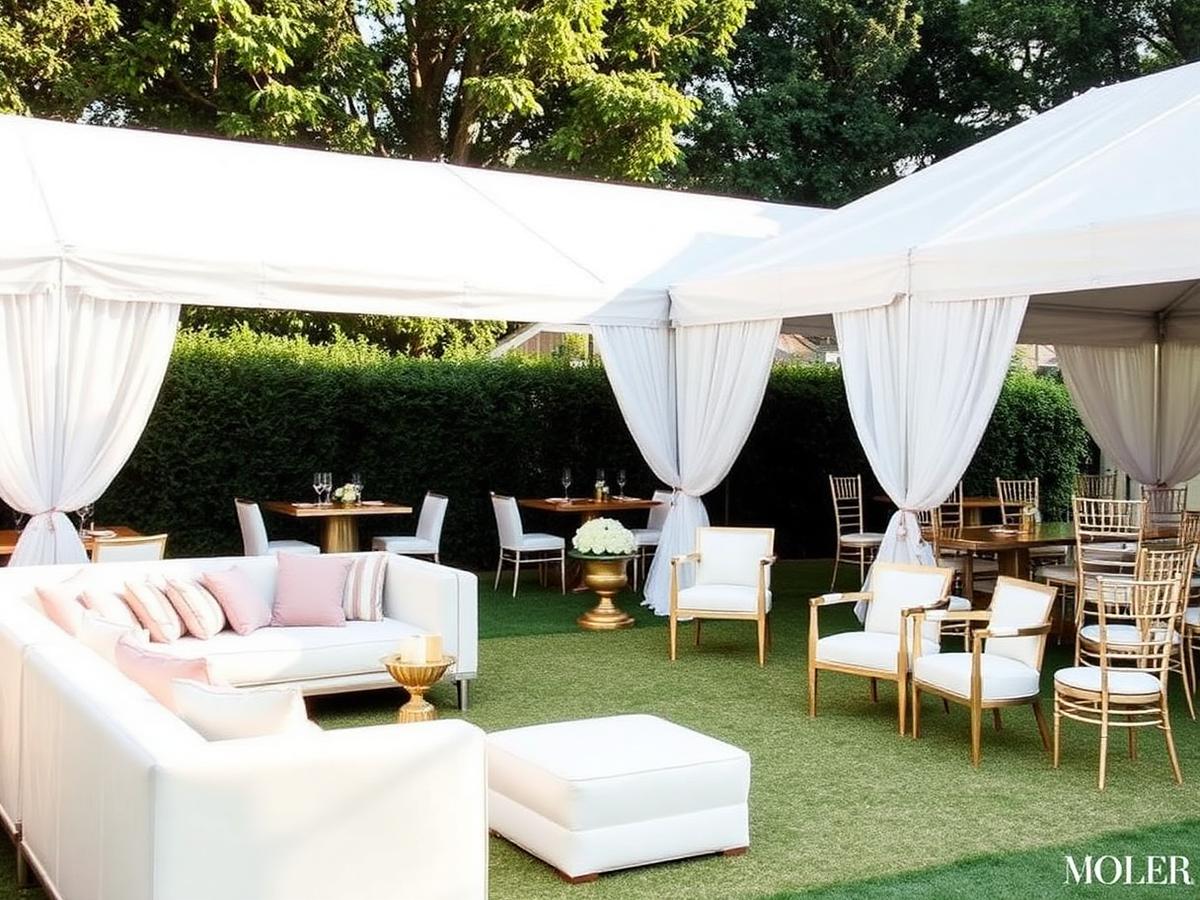 White lounge furniture, gold chairs and draped marquee set up for a luxury event in the UAE