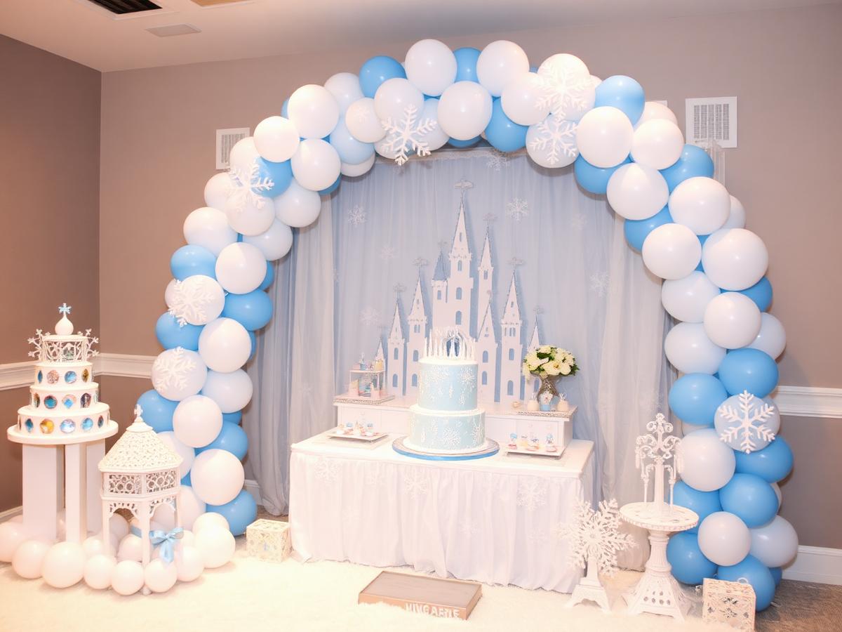 Ice Princess Kingdom themed kids' birthday party setup with snowflake balloon arch in Dubai