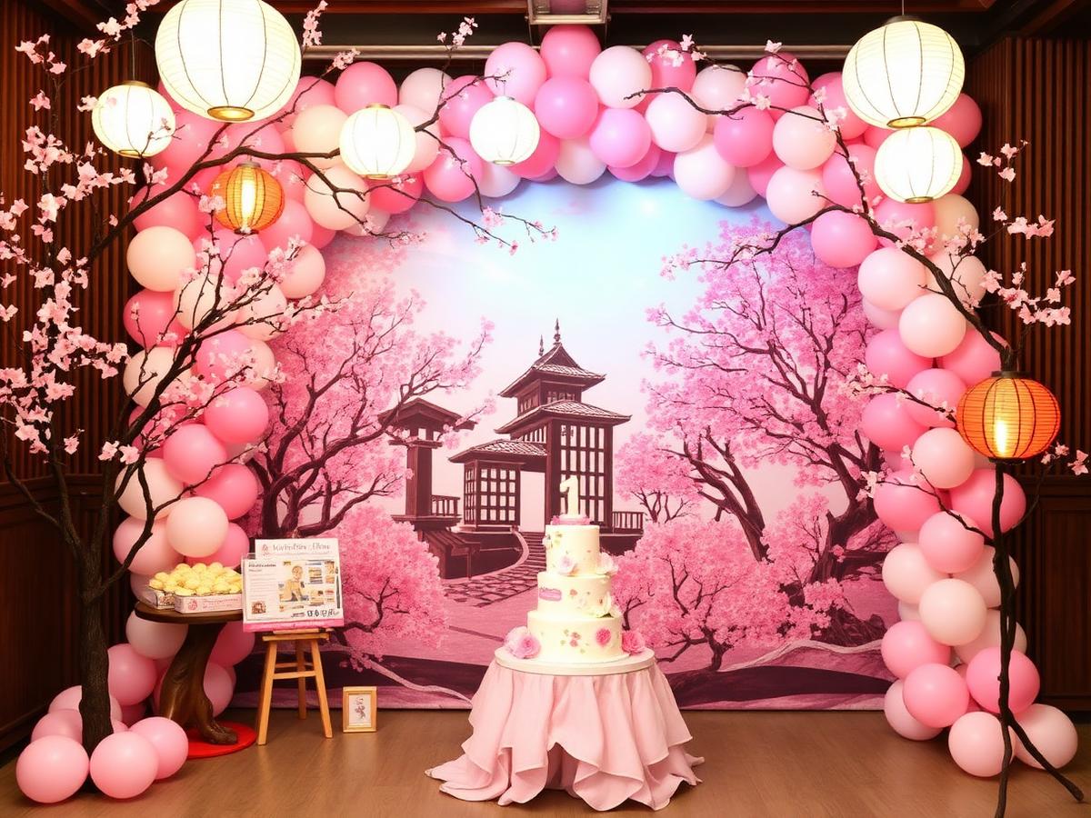 Japanese Anime Celebration birthday setup with cherry blossoms, paper lanterns and pink balloon arch