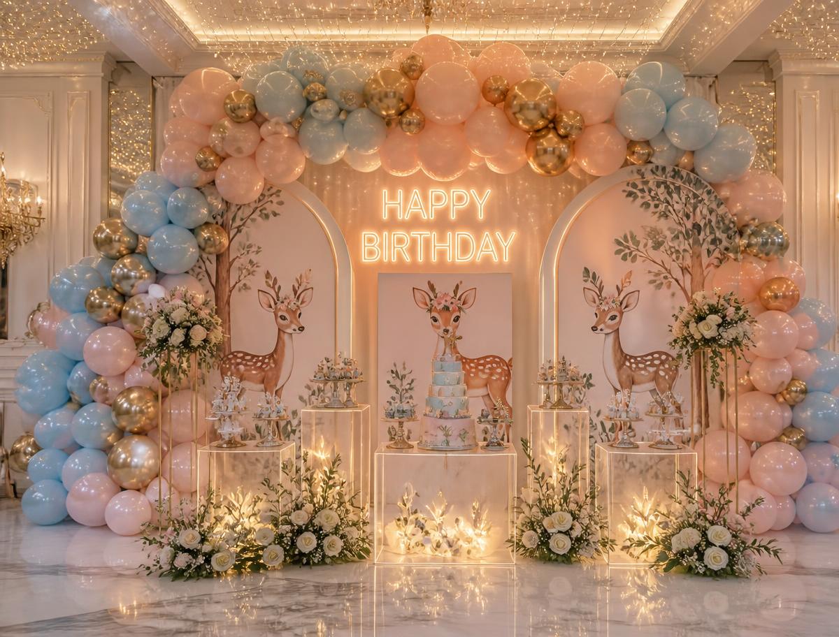 Pastel balloon arch, neon happy birthday sign and dessert table at a kids' birthday party in the UAE