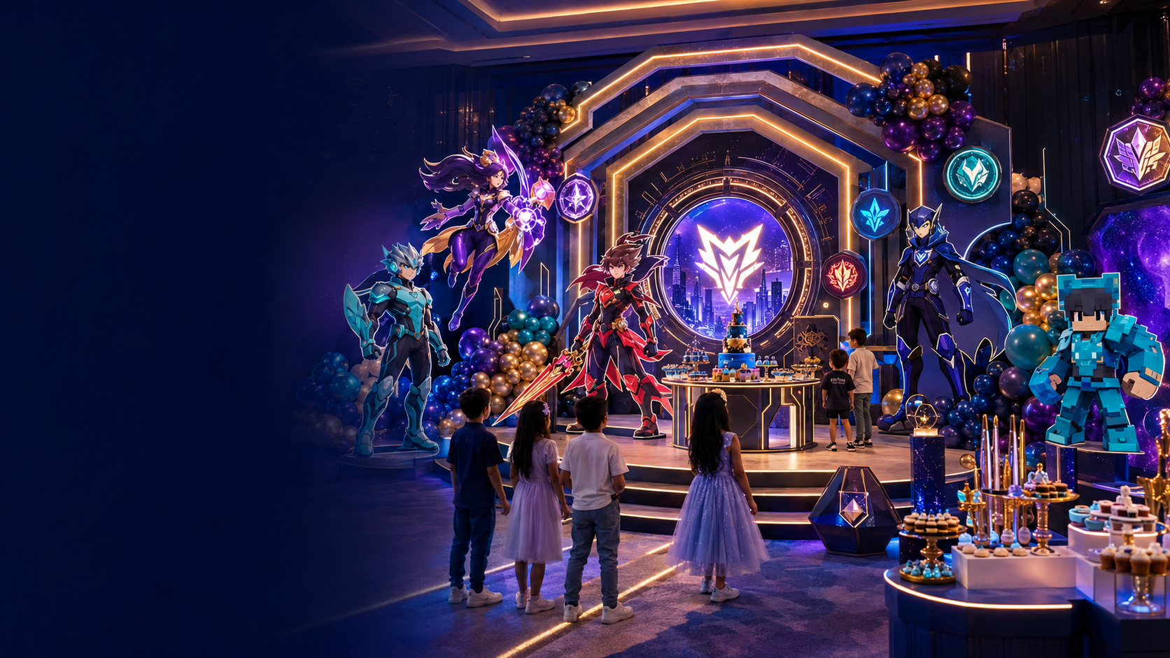 Anime and superhero themed kids' birthday party stage with neon portal backdrop and balloon installation in the UAE