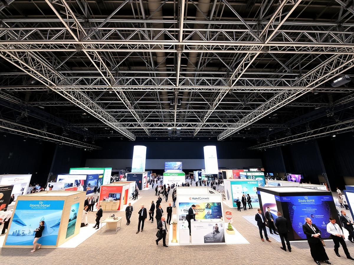 Exhibition hall in the UAE with branded stands, delegates networking and overhead truss lighting