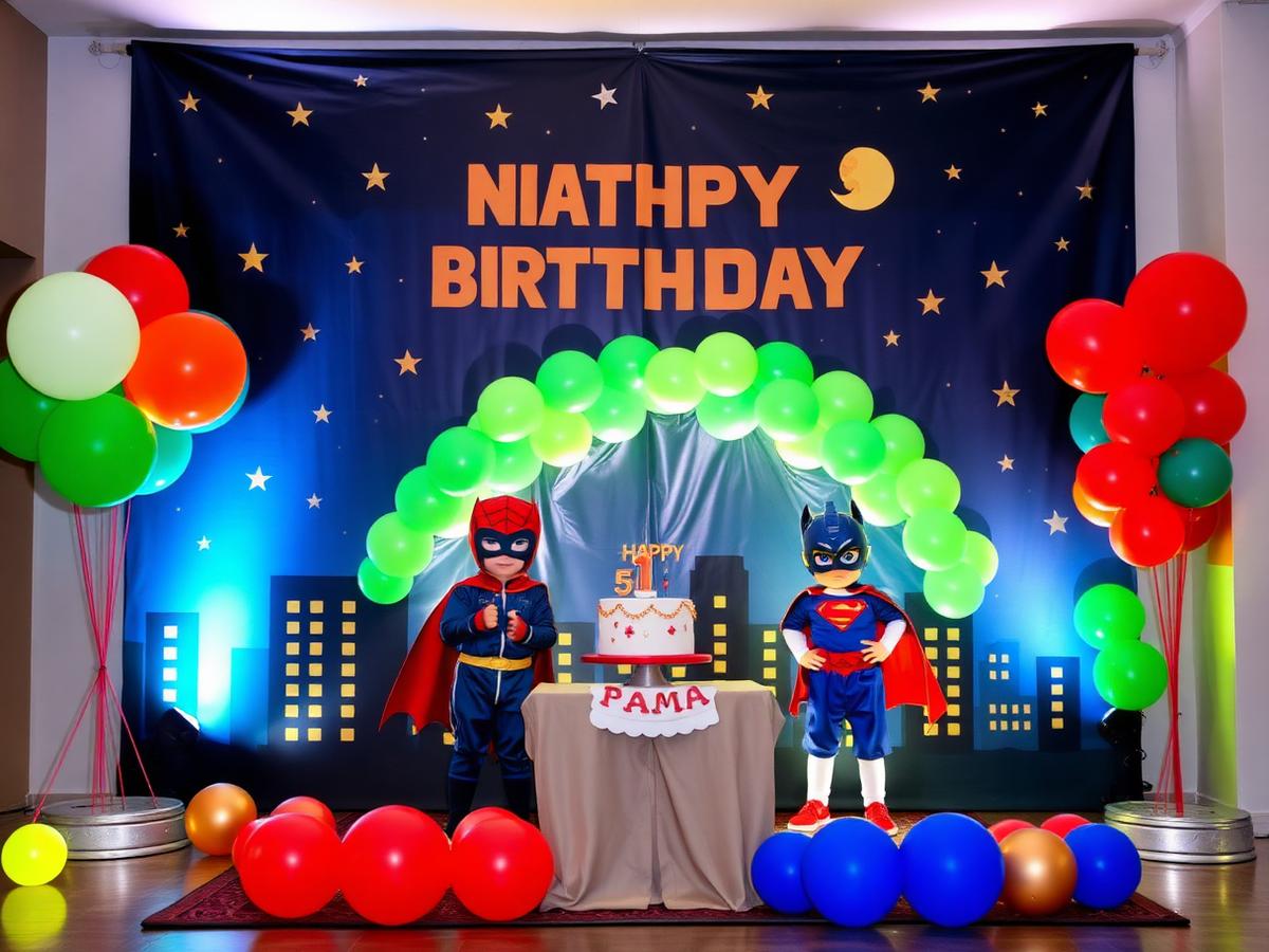 Nighttime Hero Team themed birthday party with starry night backdrop and masked hero costumes