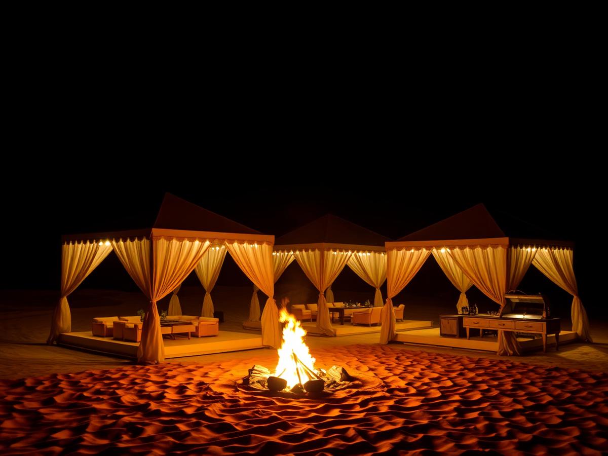 Illuminated desert cabanas and bonfire for a private party in Abu Dhabi