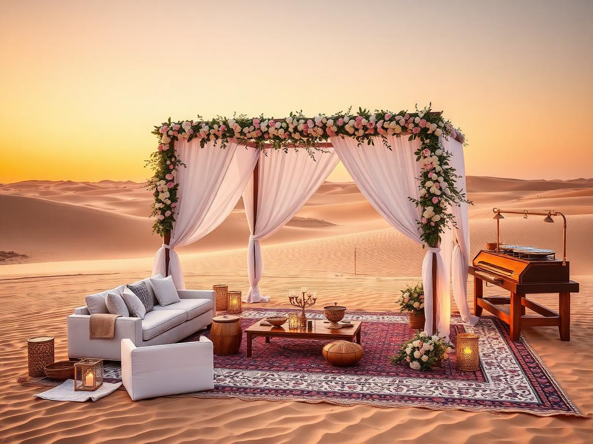 Luxury desert celebration lounge with floral arch at golden hour in the UAE