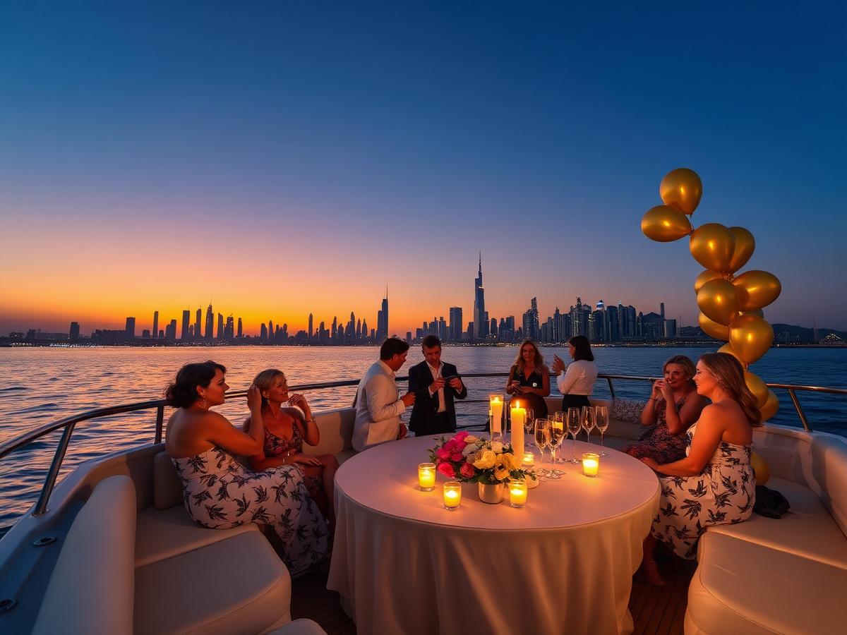 Private yacht party at sunset with skyline views arranged in Dubai, UAE