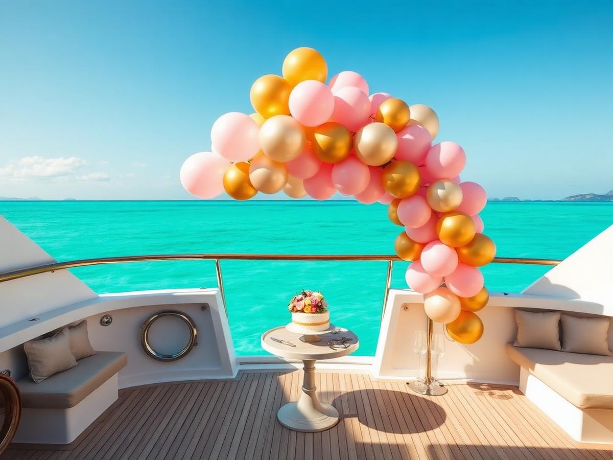 Yacht birthday party deck styled with balloon arch and cake in the UAE