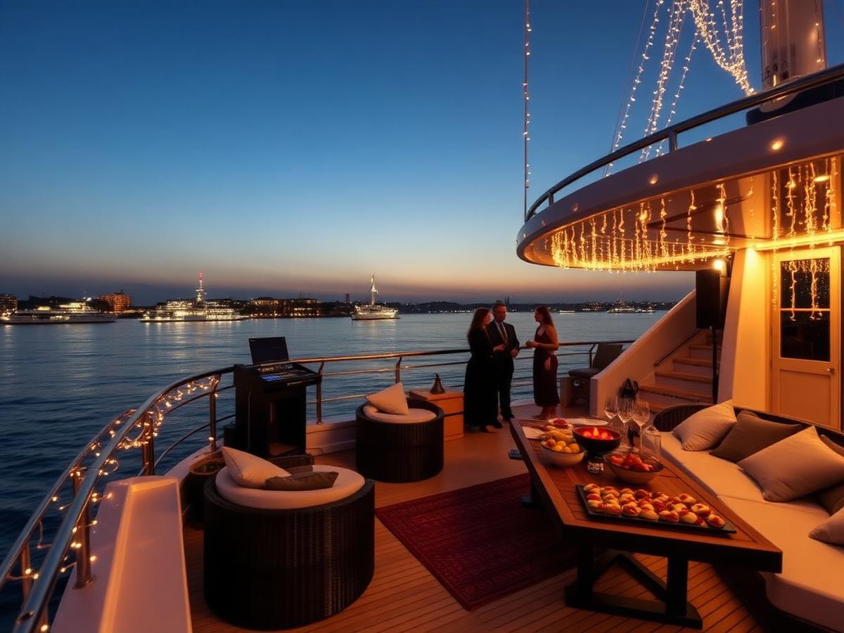 Evening yacht party with fairy lights, DJ and canape station in Dubai