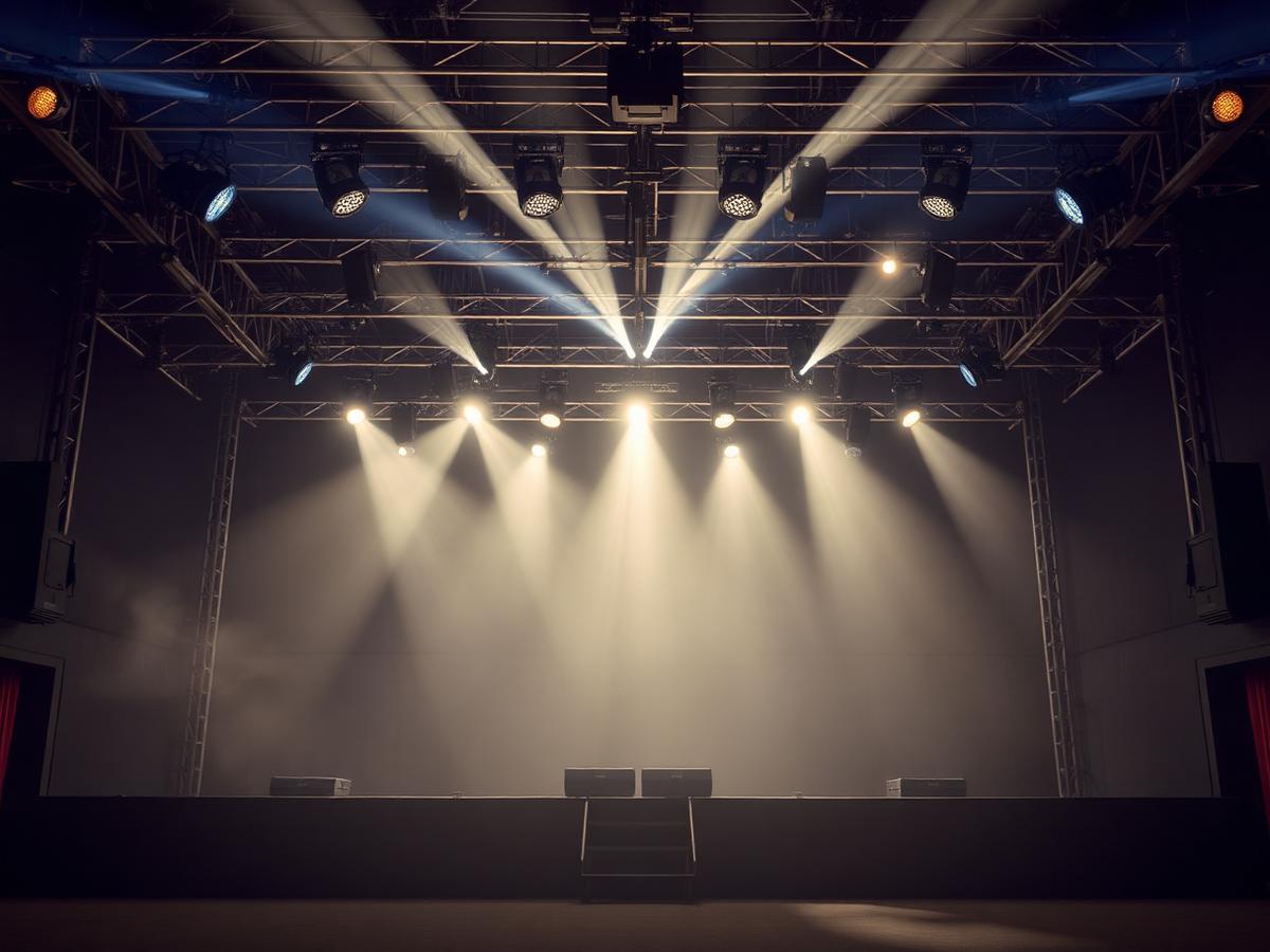 Stage truss with moving head lights and haze before an event in Dubai
