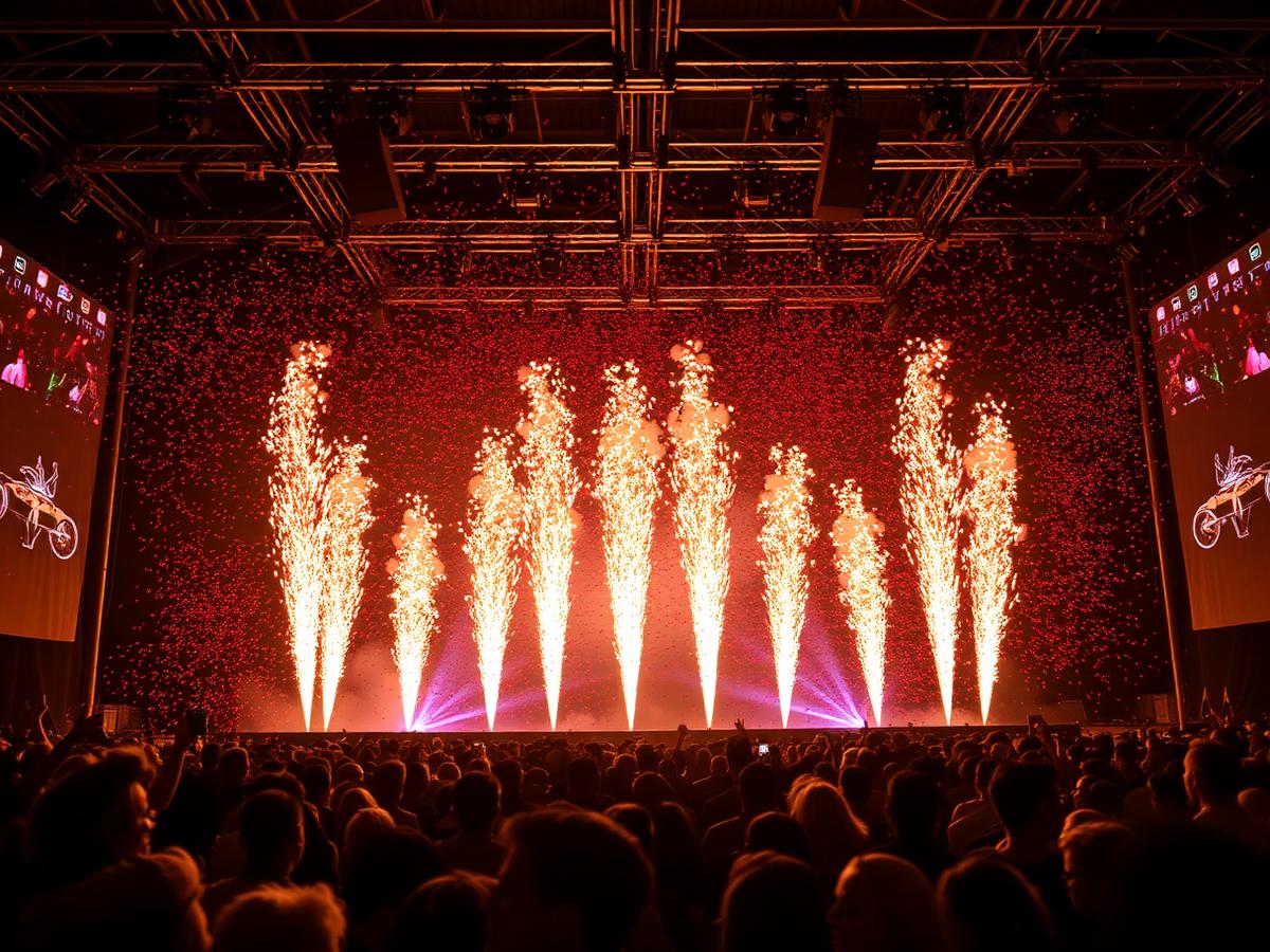 Cold spark fountains and confetti during a stage reveal at a UAE event