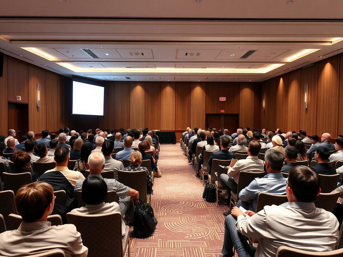 Conference hall with delegates and presentation screen in Dubai