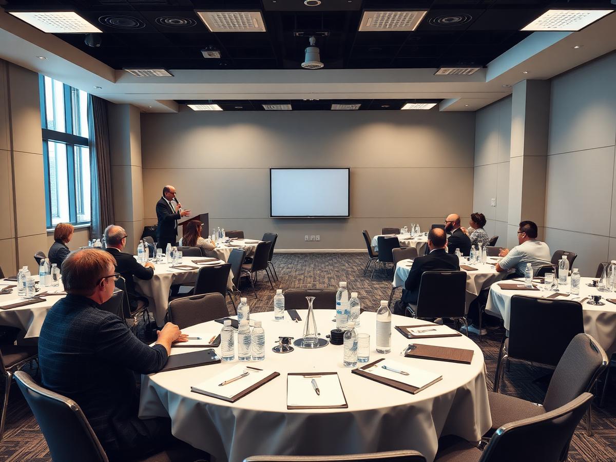 Workshop seminar room with round tables and delegate packs in the UAE