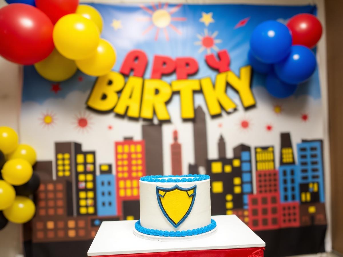 Superhero City themed birthday party with comic skyline backdrop and shield emblem cake