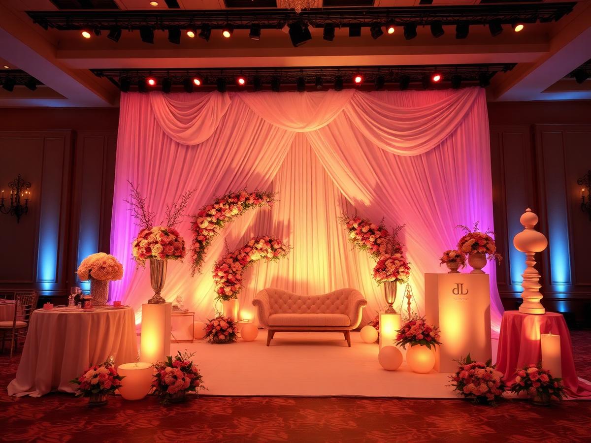 Themed event stage with floral arrangements, draping and warm uplighting at a ballroom in the UAE