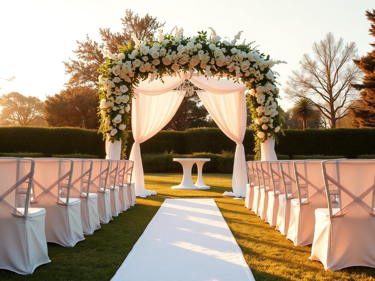 Outdoor wedding ceremony aisle with white floral arch at golden hour in the UAE