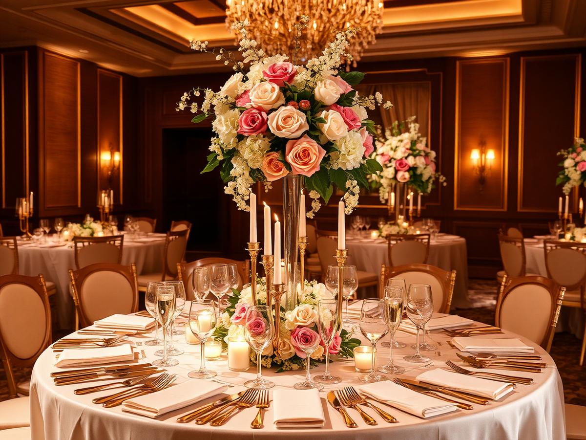 Luxury wedding reception table with tall floral centrepiece and candles in Dubai