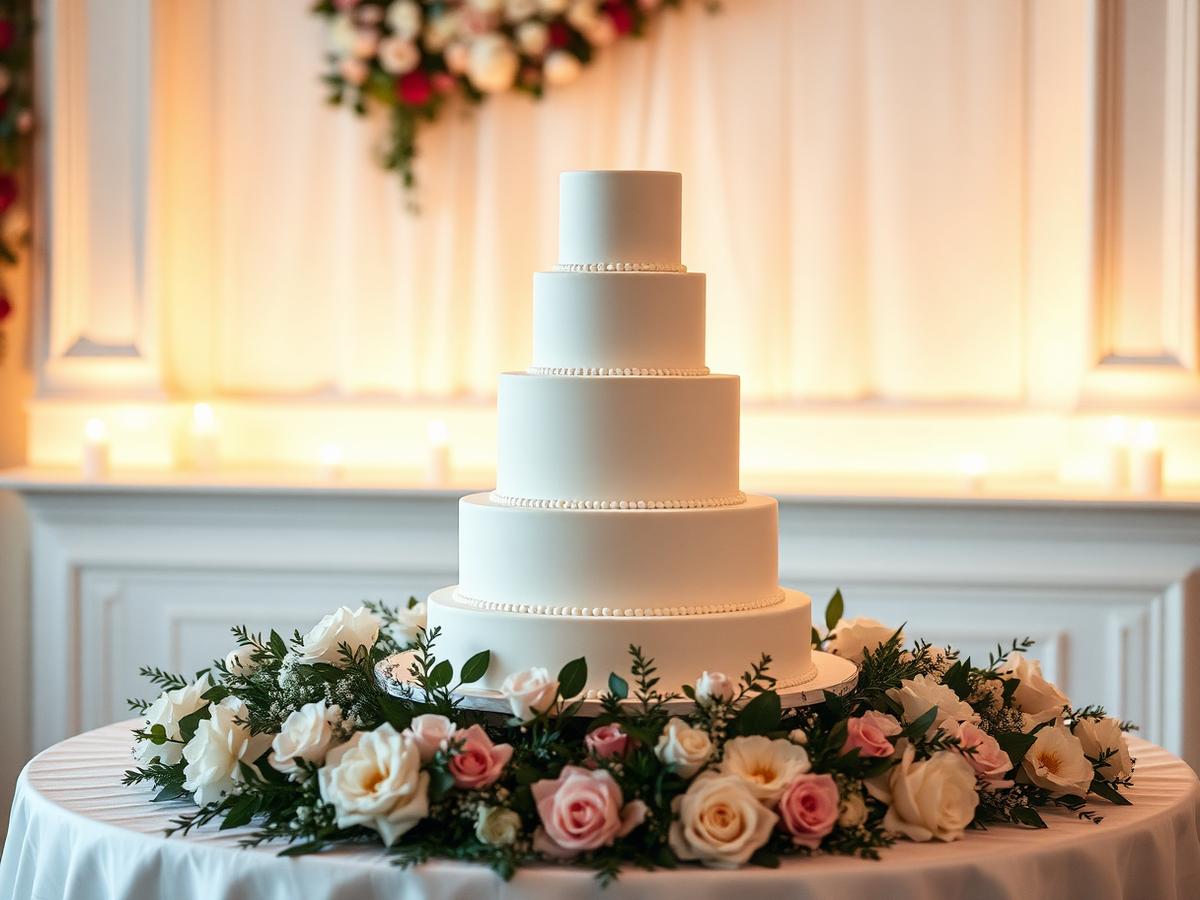 Multi-tier white wedding cake on a floral decorated table in the UAE