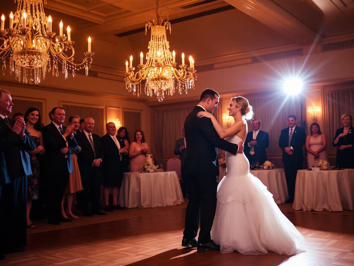 Couple's first dance under chandeliers at a wedding reception in the UAE