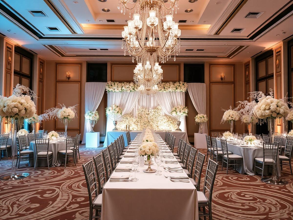 Wedding reception hall with white florals and chandeliers styled for wedding event management in the UAE